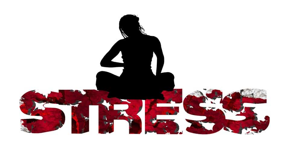 a woman coping on top of the word stress